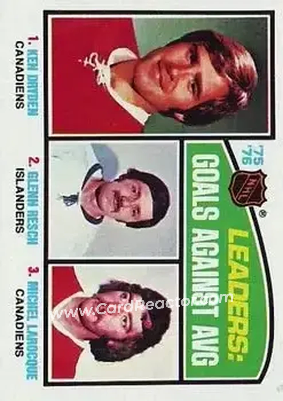 1976-77 Topps #6 - '75'-76 Leaders: Goals Against Avg (Ken Dryden - Glenn Resch - Michel Larocque) LL - Montreal Canadiens - New York Islanders - Front 1976-77 Topps #6 - '75'-76 Leaders: Goals Against Avg (Ken Dryden - Glenn Resch - Michel Larocque) LL - Montreal Canadiens - New York Islanders - Front