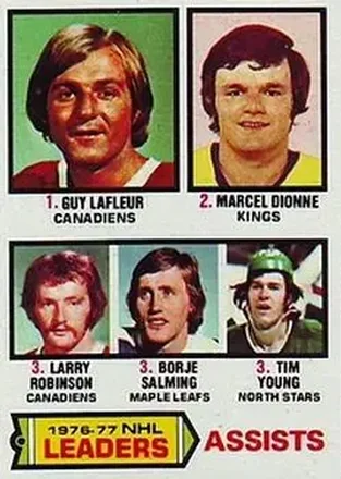 1977-78 Topps #2 - 1976-77 NHL Leaders Assists (Guy LaFleur - Marcel Dionne - Larry Robinson - Borje Salming - Tim Young) LL - Montreal Canadiens - Los Angeles Kings - Toronto Maple Leafs - Minnesota North Stars 1977-78 Topps #2 - 1976-77 NHL Leaders Assists (Guy LaFleur - Marcel Dionne - Larry Robinson - Borje Salming - Tim Young) LL - Montreal Canadiens - Los Angeles Kings - Toronto Maple Leafs - Minnesota North Stars