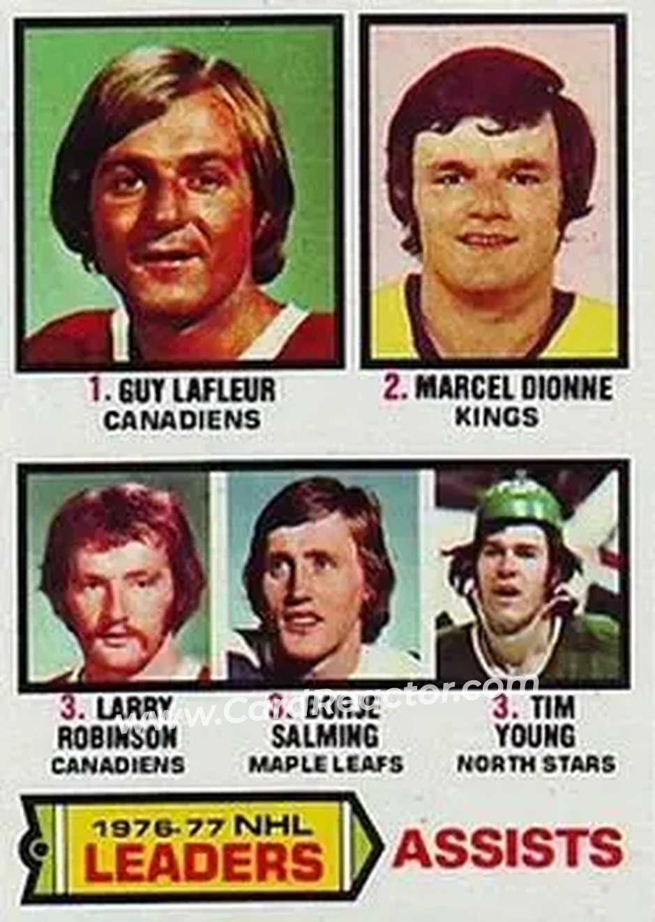 1977-78 Topps #2 - 1976-77 NHL Leaders Assists (Guy LaFleur - Marcel Dionne - Larry Robinson - Borje Salming - Tim Young) LL - Montreal Canadiens - Los Angeles Kings - Toronto Maple Leafs - Minnesota North Stars - Front
