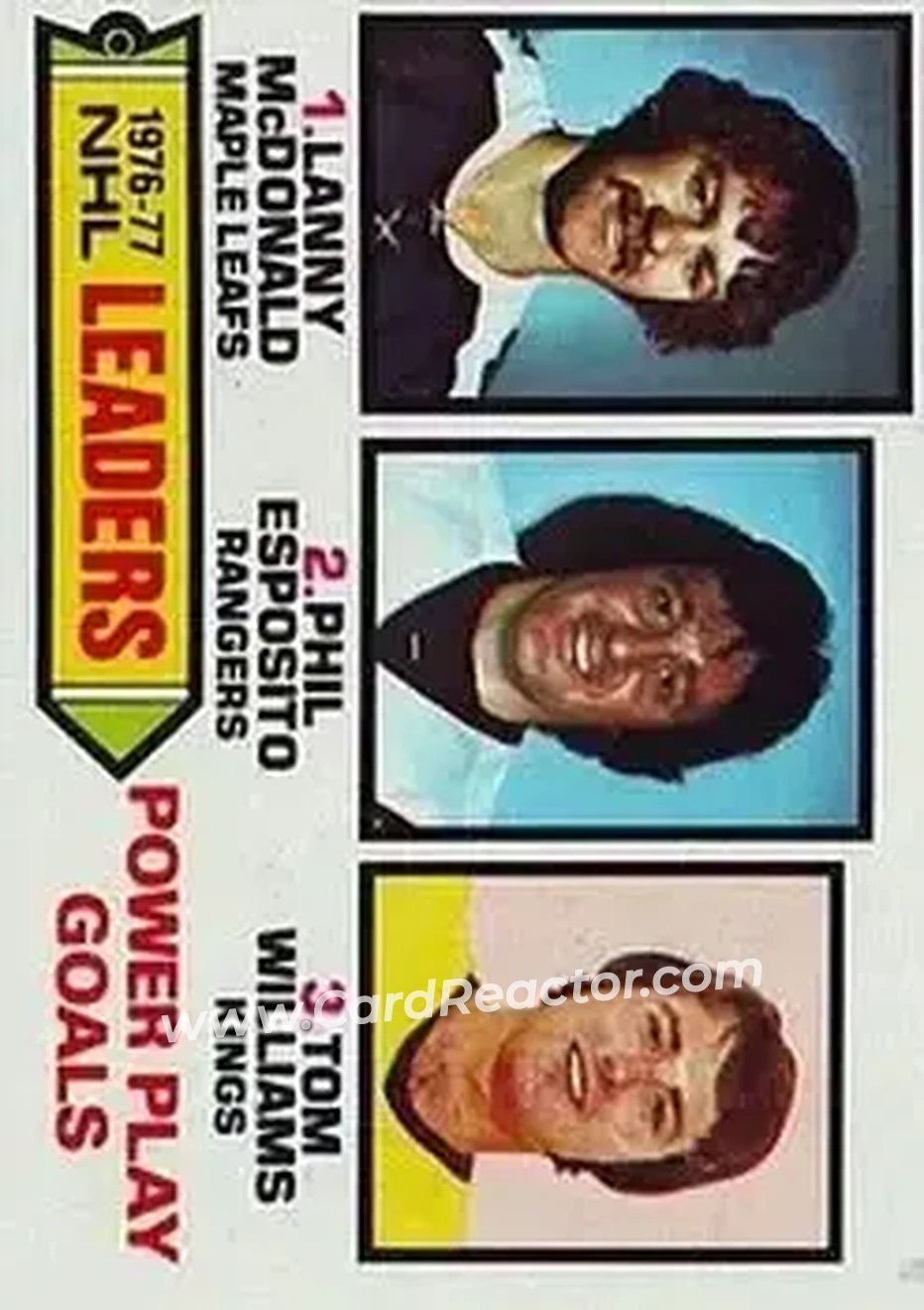 1977-78 Topps #5 - 1976-77 NHL Leaders Power Play Goals (Lanny McDonald - Phil Esposito - Tom Williams) LL - Toronto Maple Leafs - New York Rangers - Los Angeles Kings - Front