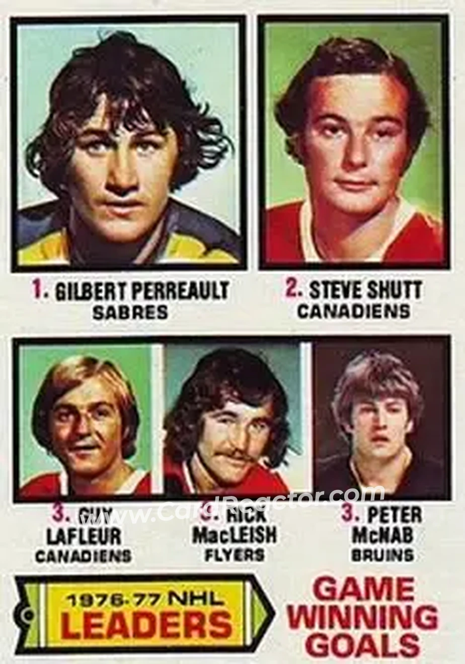 1977-78 Topps #7 - 1976-77 NHL Leaders Game Winning Goals (Gilbert Perreault - Steve Shutt - Guy LaFleur - Rick MacLeish - Peter McNab) LL - Buffalo Sabres - Montreal Canadiens - Philadelphia Flyers - Boston Bruins - Front