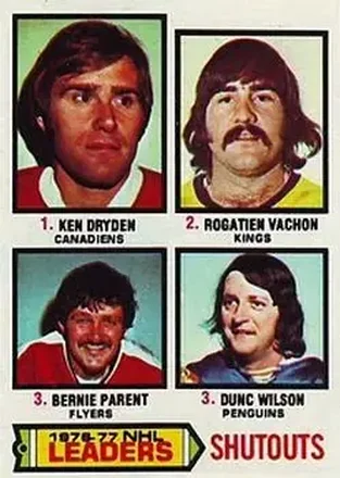 1977-78 Topps #8 - 1976-77 NHL Leaders Shutouts (Ken Dryden - Rogie Vachon - Bernie Parent - Dunc Wilson) LL - Montreal Canadiens - Los Angeles Kings - Philadelphia Flyers - Pittsburgh Penguins 1977-78 Topps #8 - 1976-77 NHL Leaders Shutouts (Ken Dryden - Rogie Vachon - Bernie Parent - Dunc Wilson) LL - Montreal Canadiens - Los Angeles Kings - Philadelphia Flyers - Pittsburgh Penguins