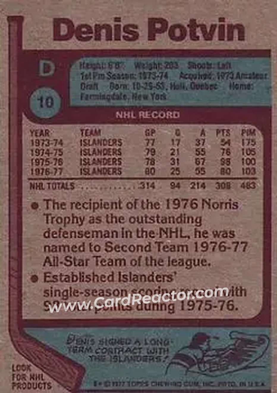1977-78 Topps #10 - Denis Potvin - New York Islanders - Back