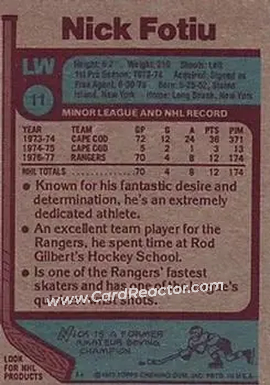 1977-78 Topps #11 - Nick Fotiu - New York Rangers - Back