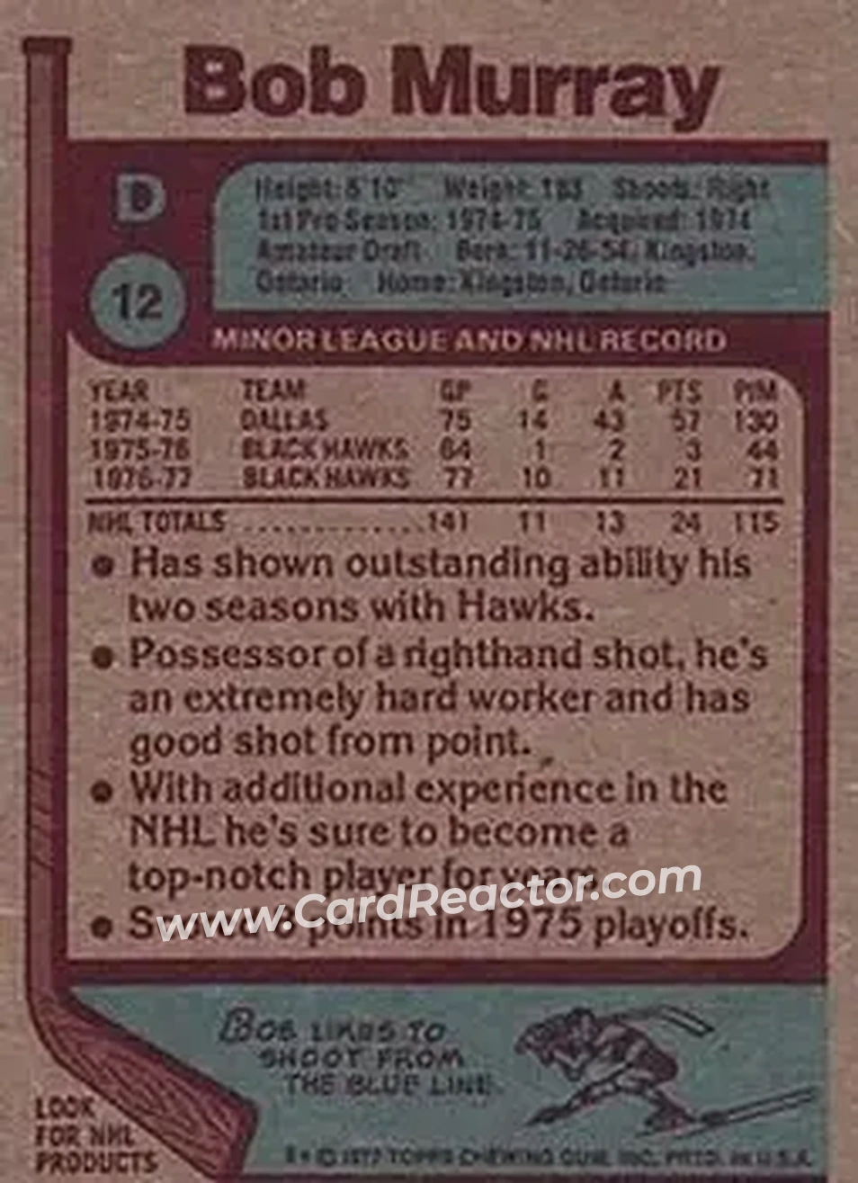 1977-78 Topps #12 - Bob Murray - Chicago Blackhawks - Back
