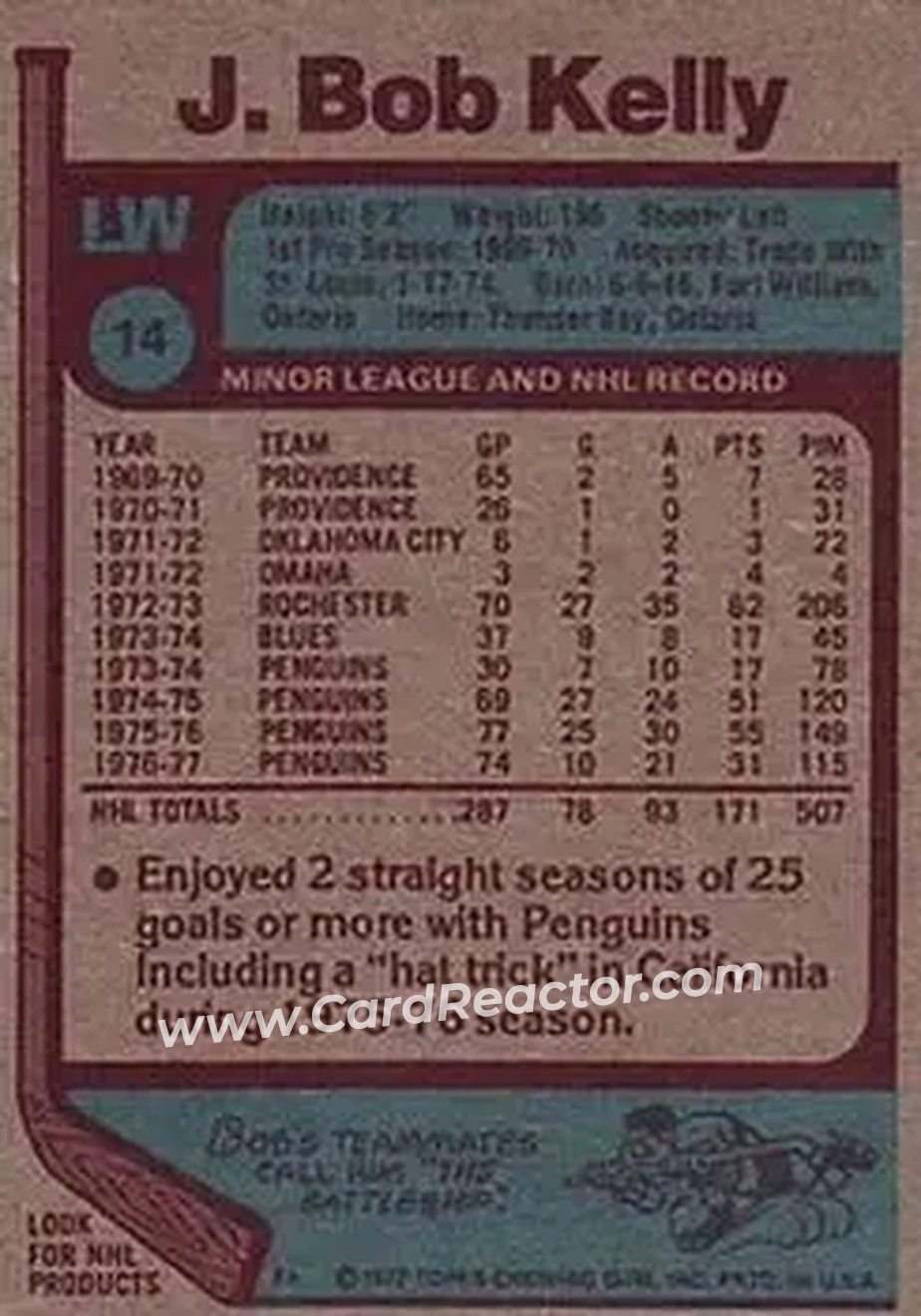 1977-78 Topps #14 - J. Bob Kelly - Pittsburgh Penguins - Back 1977-78 Topps #14 - J. Bob Kelly - Pittsburgh Penguins - Back