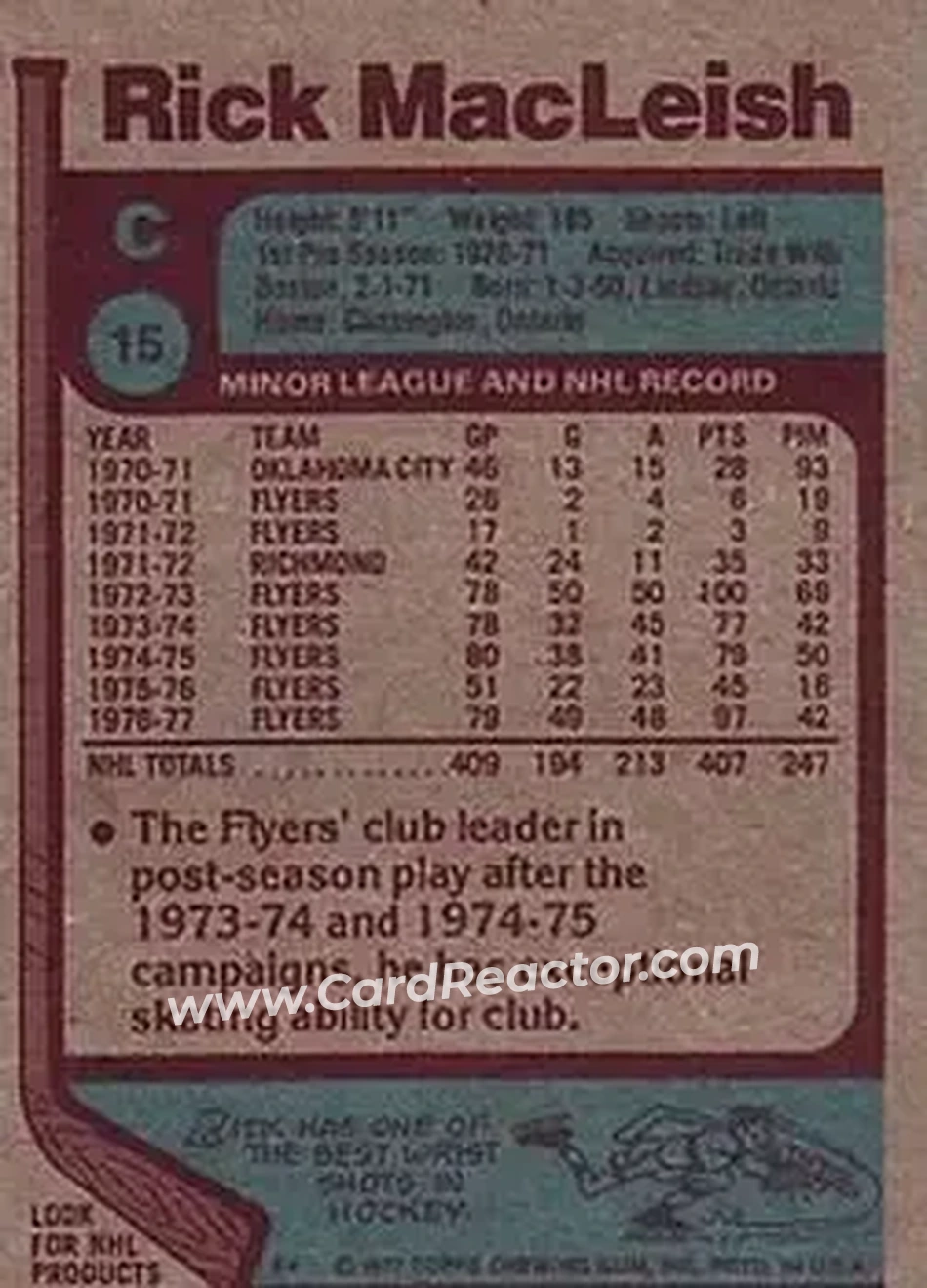 1977-78 Topps #15 - Rick MacLeish - Philadelphia Flyers - Back 1977-78 Topps #15 - Rick MacLeish - Philadelphia Flyers - Back