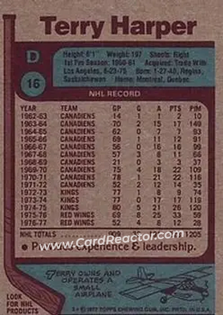 1977-78 Topps #16 - Terry Harper - Detroit Red Wings - Back