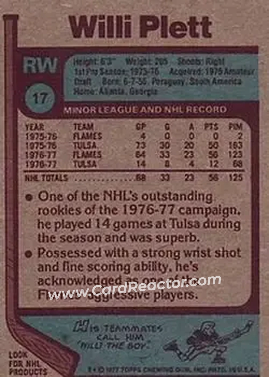 1977-78 Topps #17 - Willi Plett - Atlanta Flames - Back