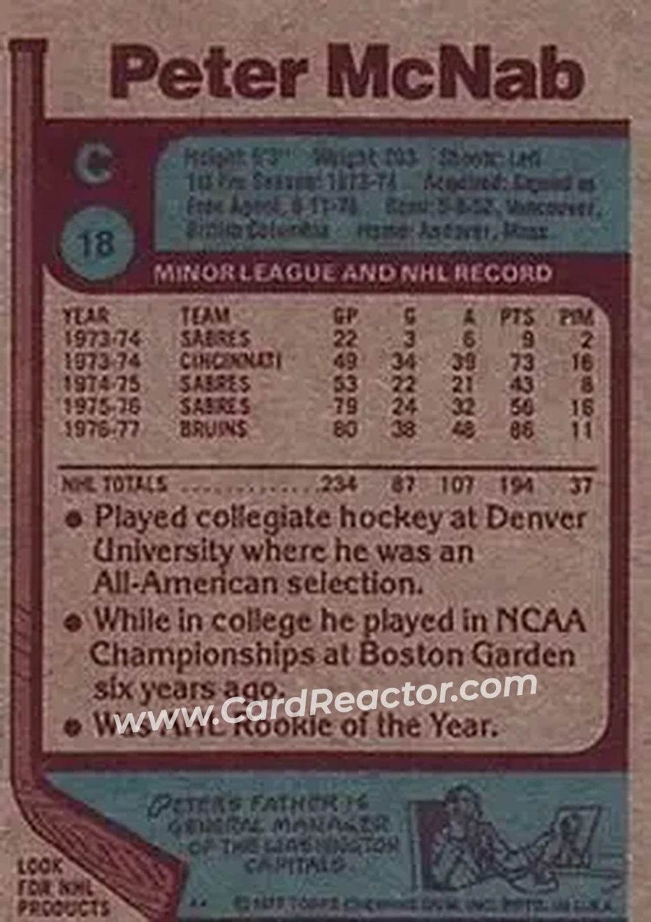 1977-78 Topps #18 - Peter McNab - Boston Bruins - Back 1977-78 Topps #18 - Peter McNab - Boston Bruins - Back