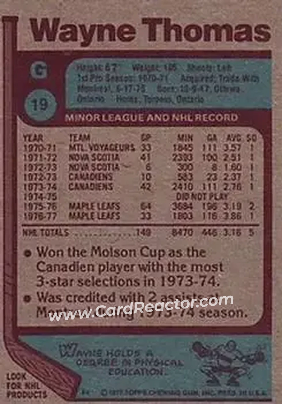 1977-78 Topps #19 - Wayne Thomas - Toronto Maple Leafs - Back 1977-78 Topps #19 - Wayne Thomas - Toronto Maple Leafs - Back
