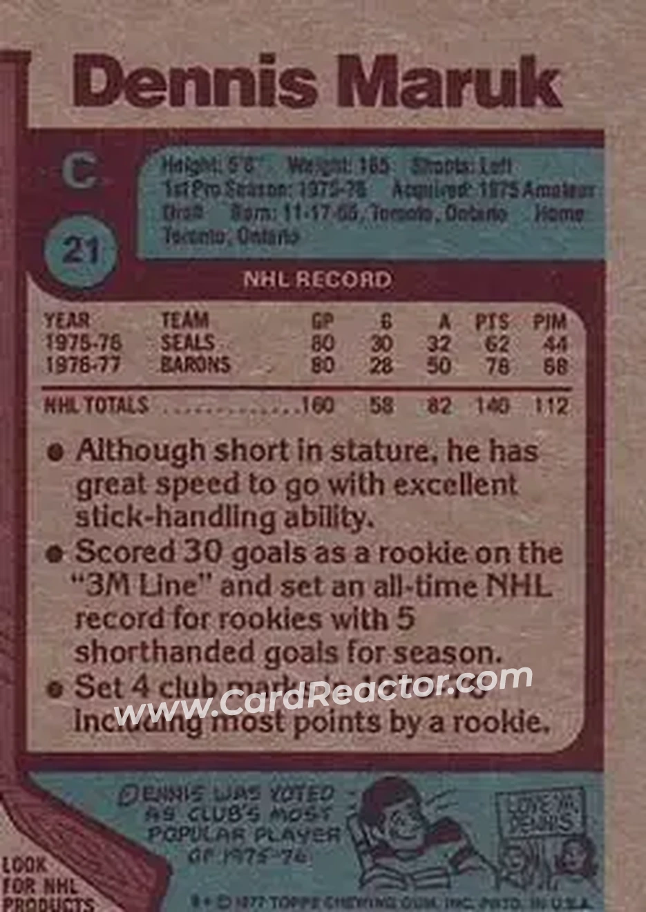 1977-78 Topps #21 - Dennis Maruk - Cleveland Barons - Back 1977-78 Topps #21 - Dennis Maruk - Cleveland Barons - Back