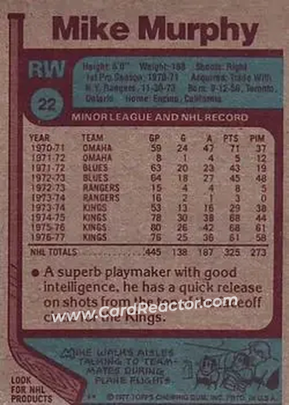 1977-78 Topps #22 - Mike Murphy - Los Angeles Kings - Back 1977-78 Topps #22 - Mike Murphy - Los Angeles Kings - Back