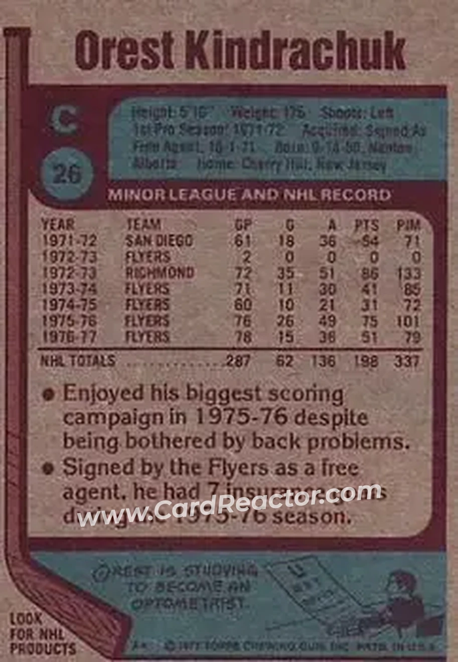 1977-78 Topps #26 - Orest Kindrachuk - Philadelphia Flyers - Back 1977-78 Topps #26 - Orest Kindrachuk - Philadelphia Flyers - Back