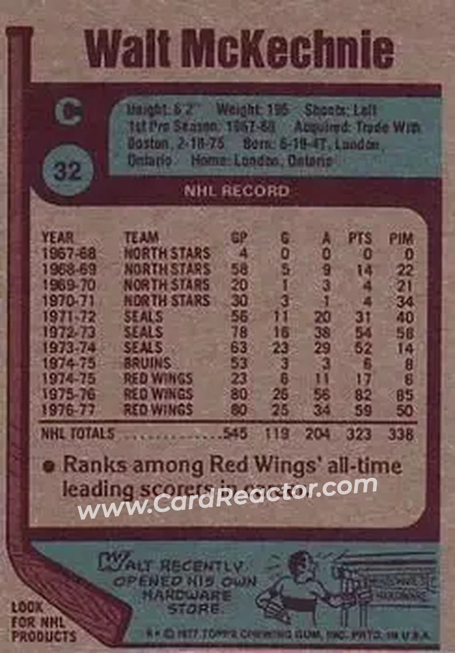 1977-78 Topps #32 - Walt McKechnie - Detroit Red Wings - Back 1977-78 Topps #32 - Walt McKechnie - Detroit Red Wings - Back