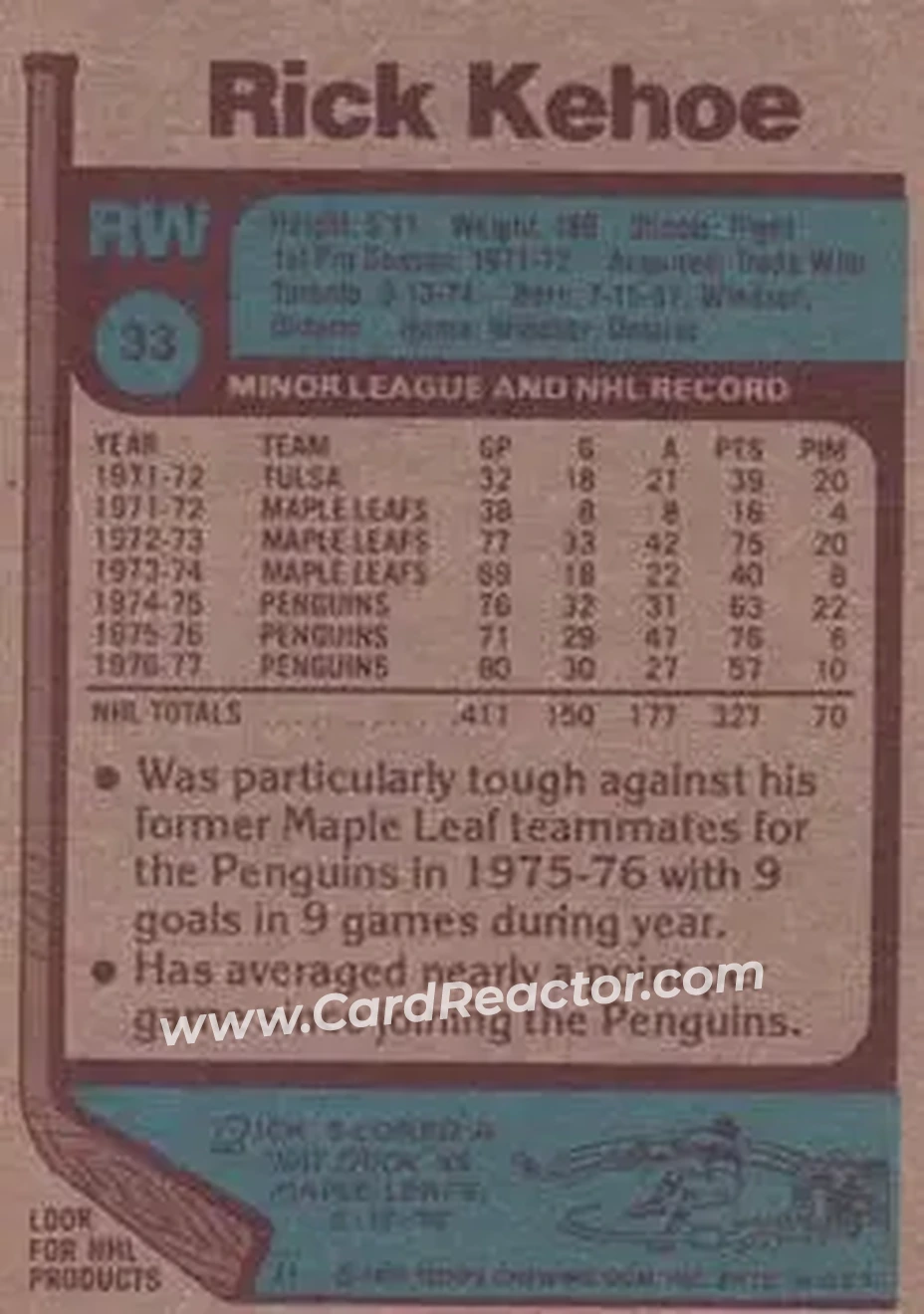 1977-78 Topps #33 - Rick Kehoe - Pittsburgh Penguins - Back 1977-78 Topps #33 - Rick Kehoe - Pittsburgh Penguins - Back
