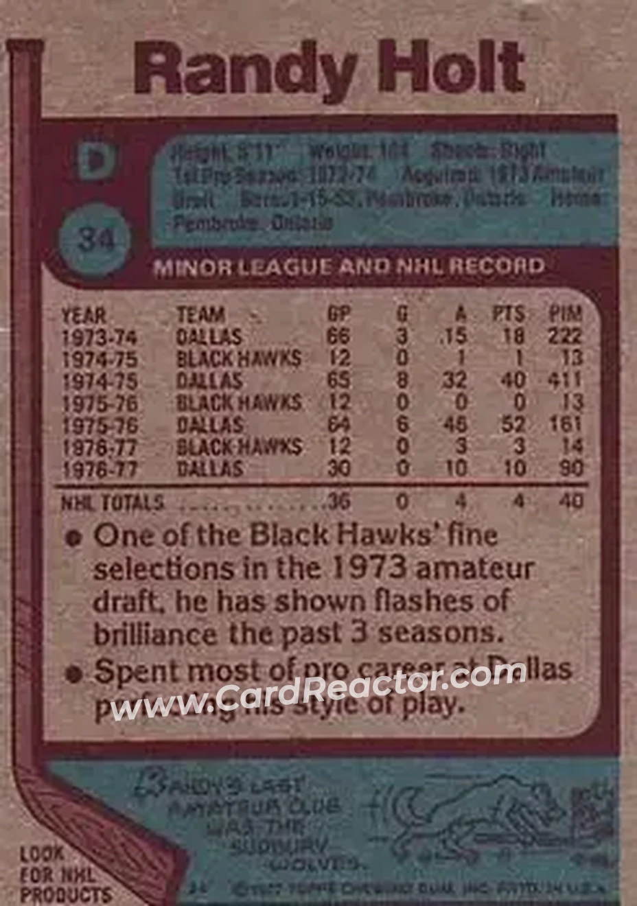 1977-78 Topps #34 - Randy Holt - Chicago Blackhawks - Back