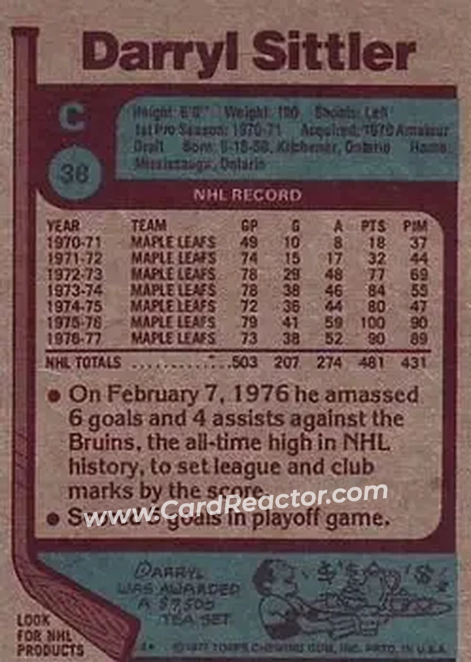 1977-78 Topps #38 - Darryl Sittler - Toronto Maple Leafs - Back 1977-78 Topps #38 - Darryl Sittler - Toronto Maple Leafs - Back