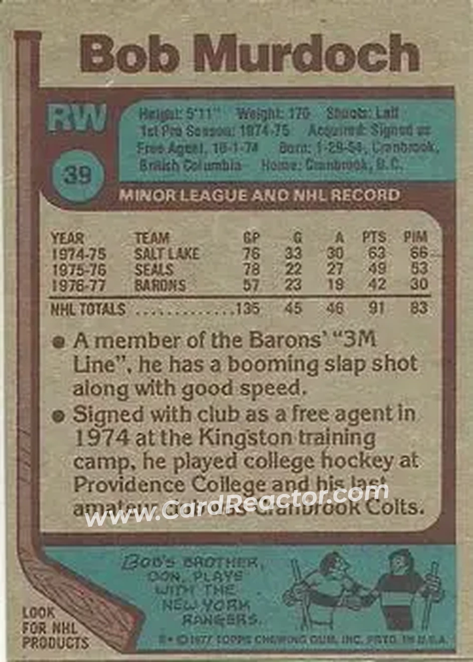 1977-78 Topps #39 - Bob Murdoch - Cleveland Barons - Back 1977-78 Topps #39 - Bob Murdoch - Cleveland Barons - Back