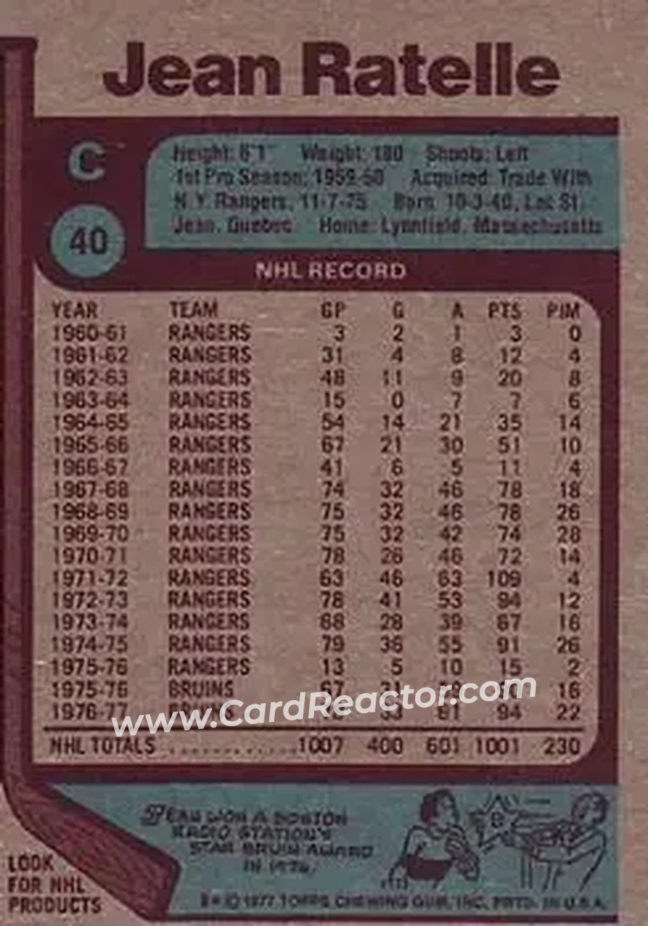1977-78 Topps #40 - Jean Ratelle - Boston Bruins - Back 1977-78 Topps #40 - Jean Ratelle - Boston Bruins - Back
