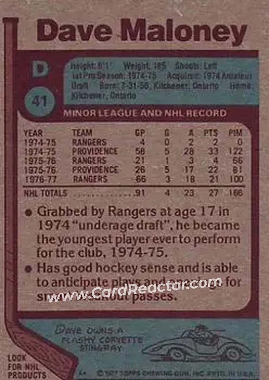 1977-78 Topps #41 - Dave Maloney - New York Rangers - Back 1977-78 Topps #41 - Dave Maloney - New York Rangers - Back