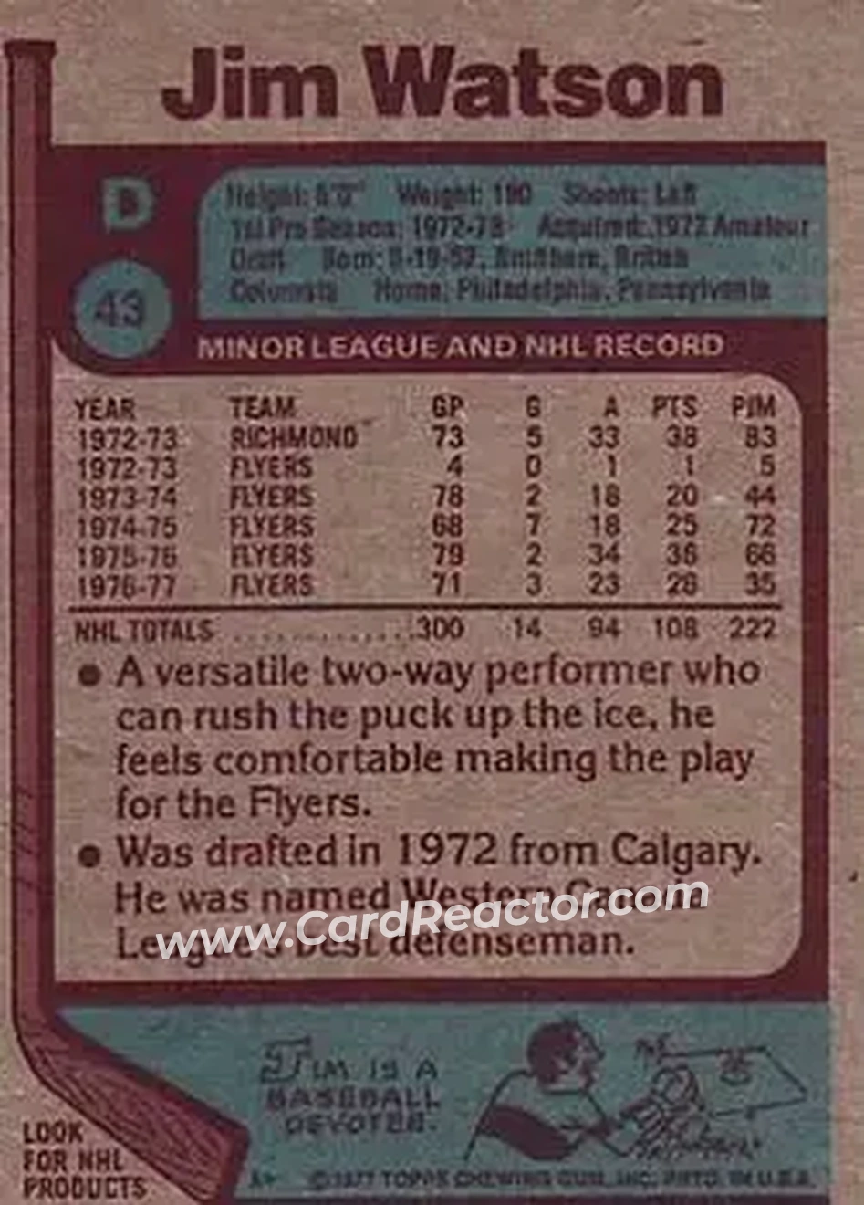 1977-78 Topps #43 - Jim Watson - Philadelphia Flyers - Back 1977-78 Topps #43 - Jim Watson - Philadelphia Flyers - Back