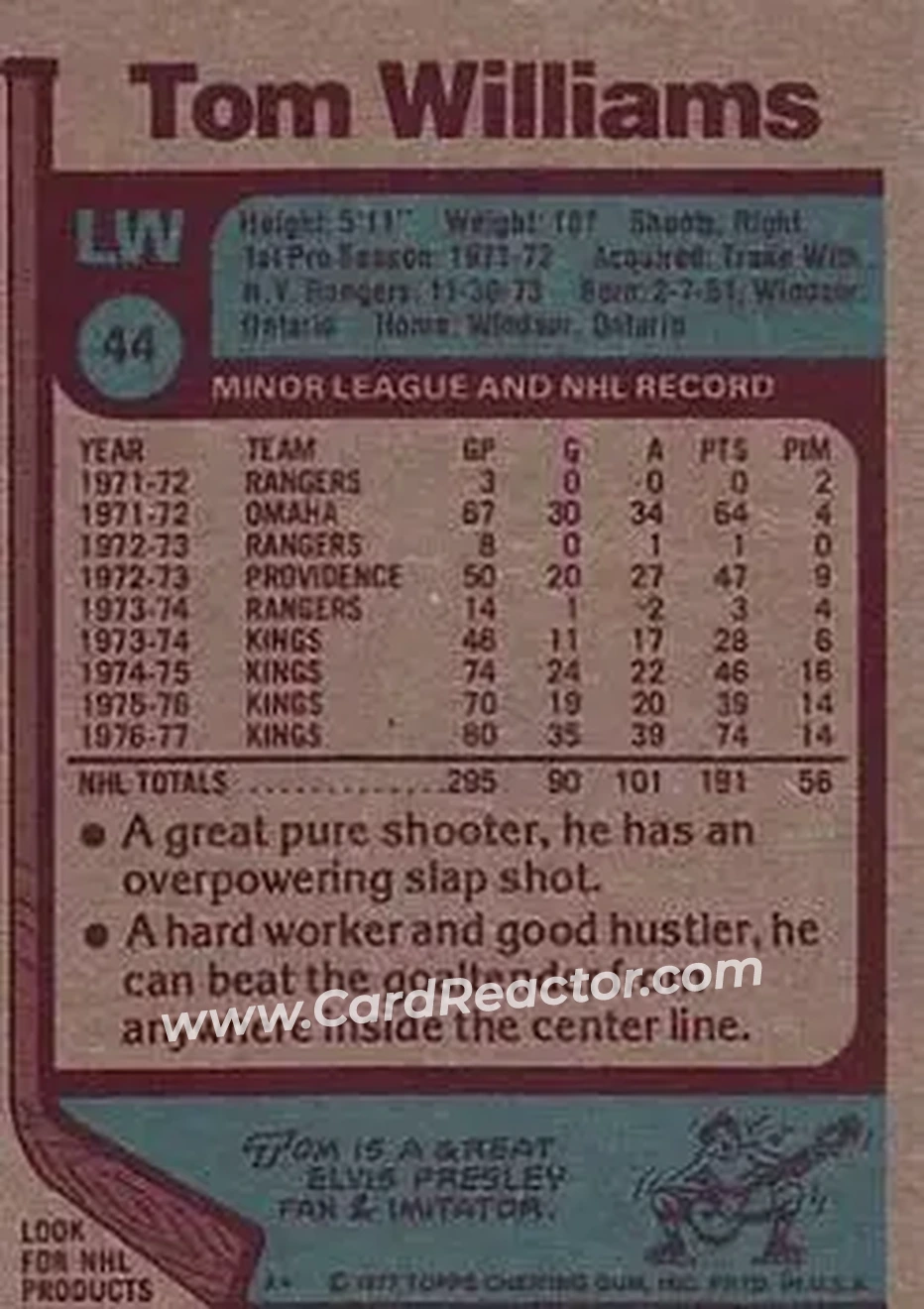 1977-78 Topps #44 - Tom Williams - Los Angeles Kings - Back