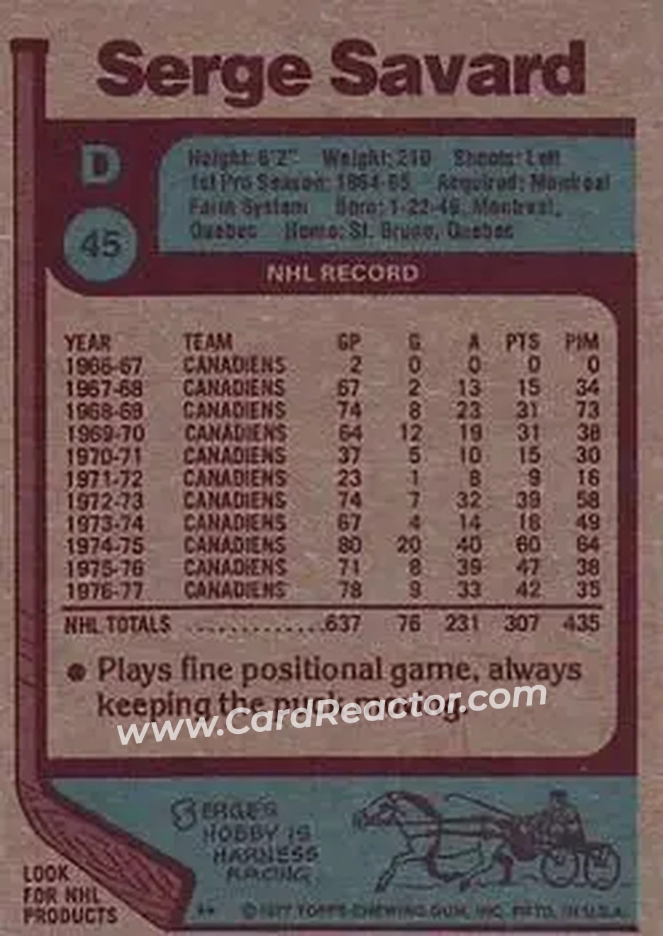 1977-78 Topps #45 - Serge Savard - Montreal Canadiens - Back 1977-78 Topps #45 - Serge Savard - Montreal Canadiens - Back