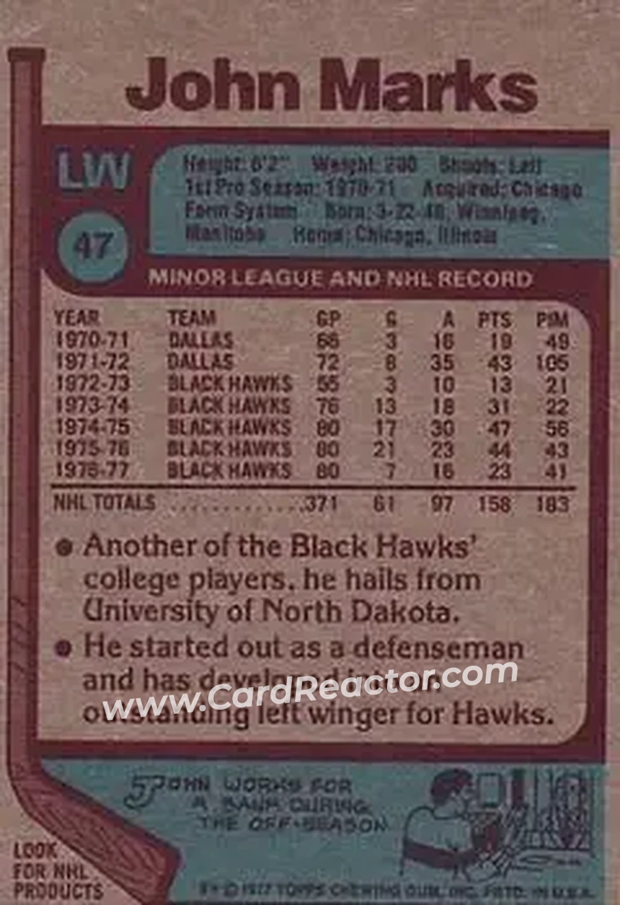 1977-78 Topps #47 - John Marks - Chicago Blackhawks - Back 1977-78 Topps #47 - John Marks - Chicago Blackhawks - Back