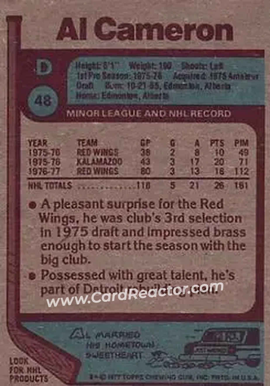1977-78 Topps #48 - Al Cameron - Detroit Red Wings - Back