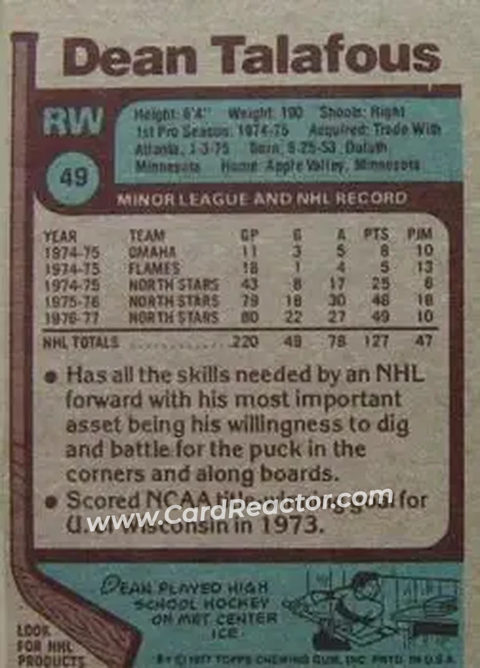 1977-78 Topps #49 - Dean Talafous - Minnesota North Stars - Back 1977-78 Topps #49 - Dean Talafous - Minnesota North Stars - Back
