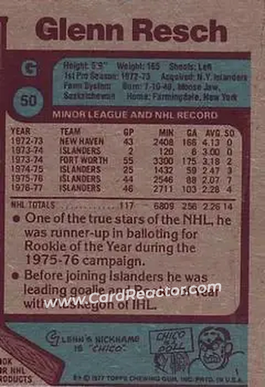 1977-78 Topps #50 - Glenn Resch - New York Islanders - Back 1977-78 Topps #50 - Glenn Resch - New York Islanders - Back
