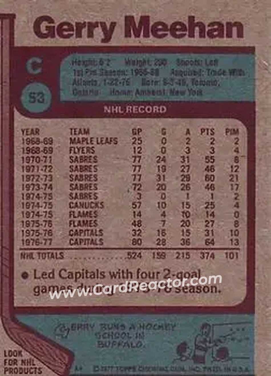 1977-78 Topps #53 - Gerry Meehan - Washington Capitals - Back 1977-78 Topps #53 - Gerry Meehan - Washington Capitals - Back