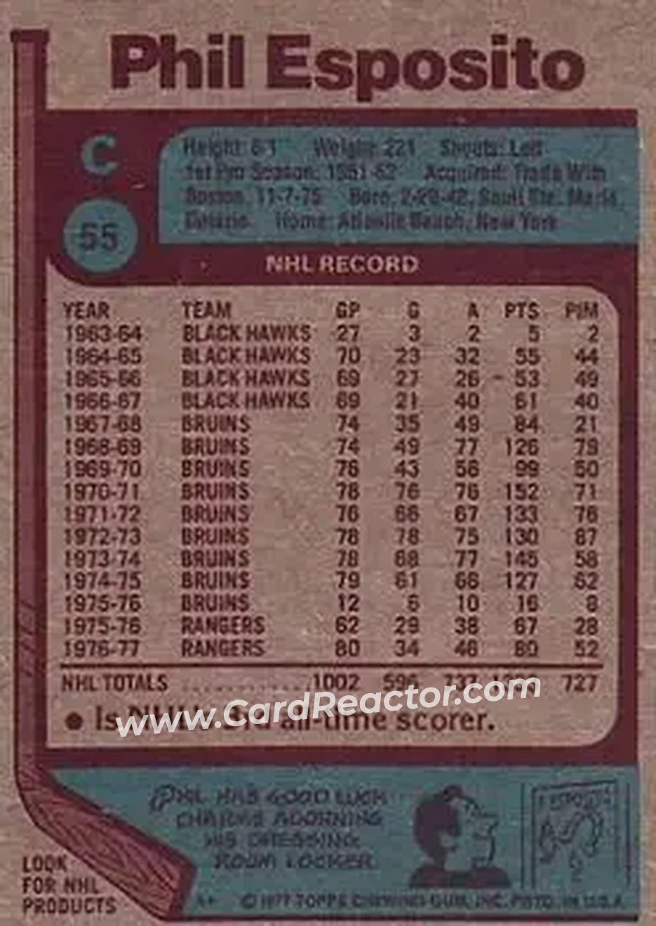 1977-78 Topps #55 - Phil Esposito - New York Rangers - Back 1977-78 Topps #55 - Phil Esposito - New York Rangers - Back