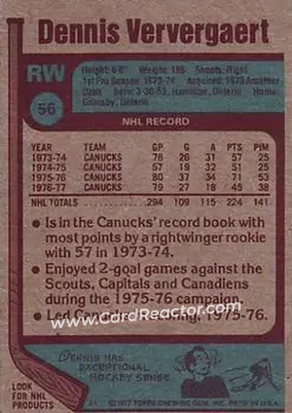 1977-78 Topps #56 - Dennis Ververgaert - Vancouver Canucks - Back 1977-78 Topps #56 - Dennis Ververgaert - Vancouver Canucks - Back