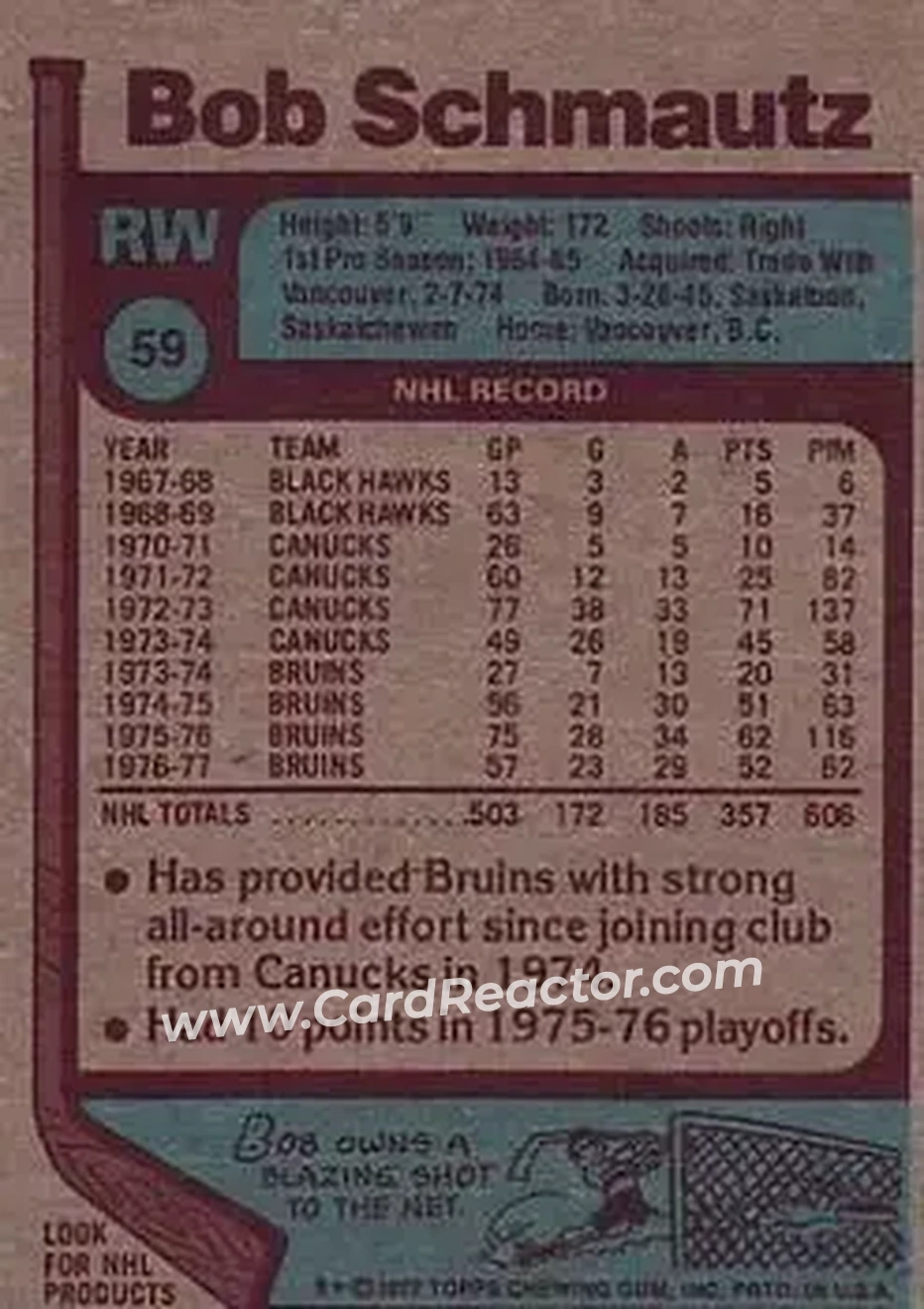 1977-78 Topps #59 - Bobby Schmautz - Boston Bruins - Back 1977-78 Topps #59 - Bobby Schmautz - Boston Bruins - Back