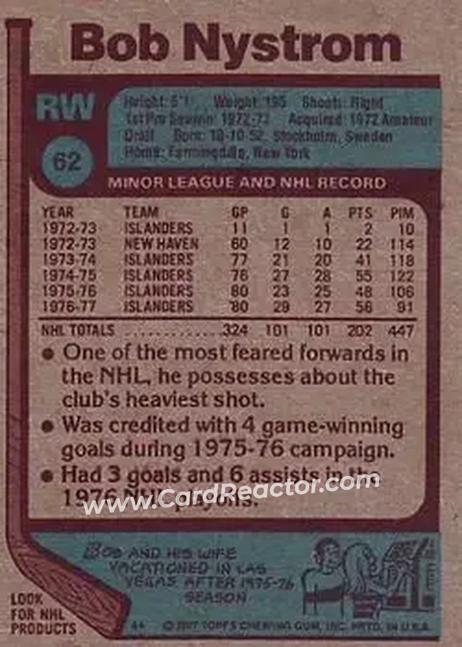 1977-78 Topps #62 - Bob Nystrom - New York Islanders - Back 1977-78 Topps #62 - Bob Nystrom - New York Islanders - Back