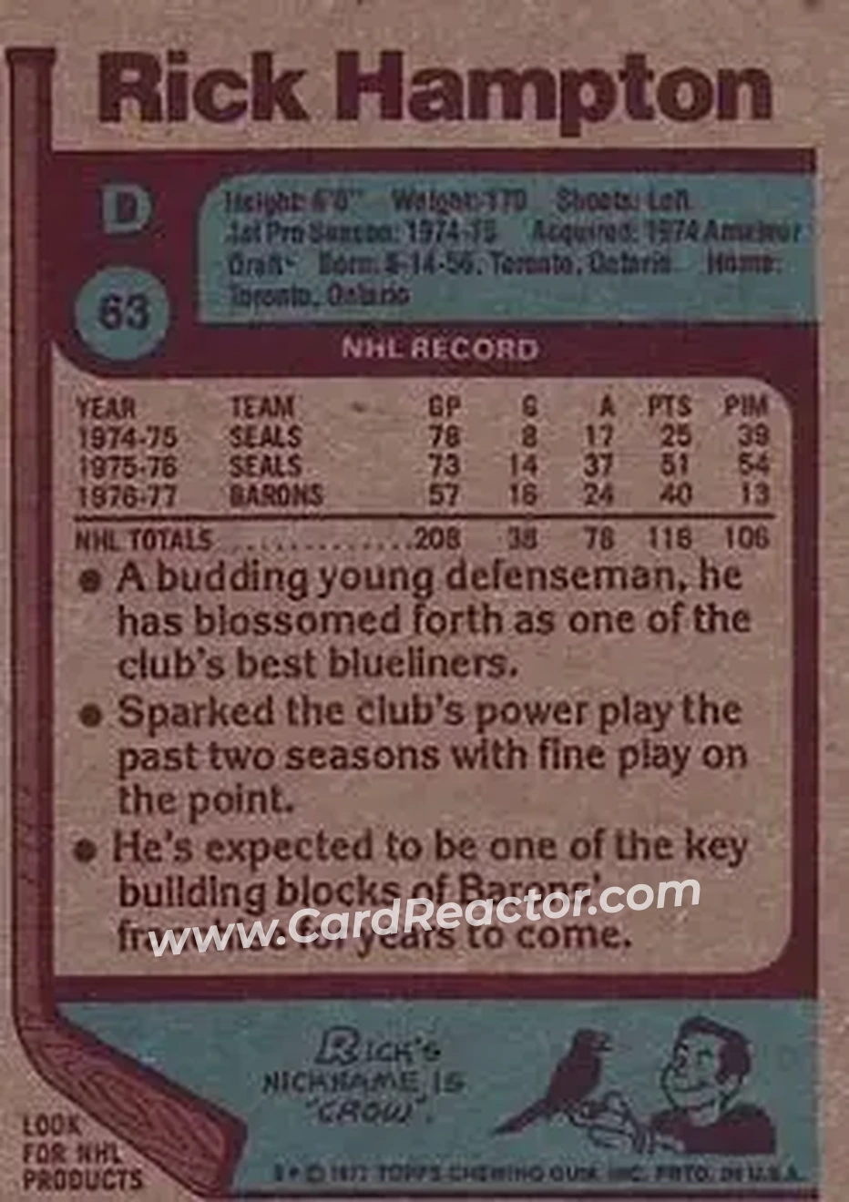 1977-78 Topps #63 - Rick Hampton - Cleveland Barons - Back
