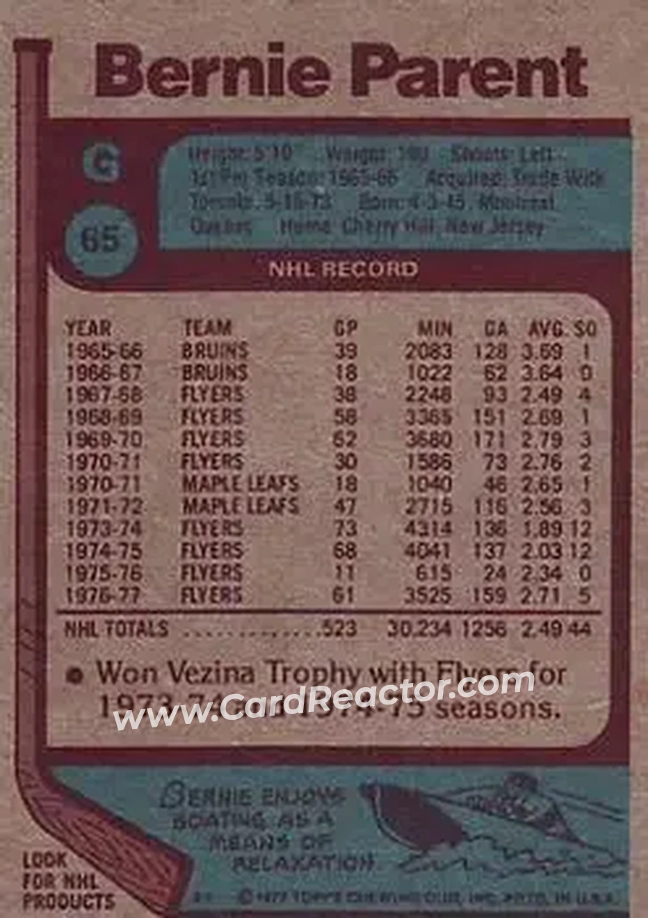 1977-78 Topps #65 - Bernie Parent - Philadelphia Flyers - Back 1977-78 Topps #65 - Bernie Parent - Philadelphia Flyers - Back