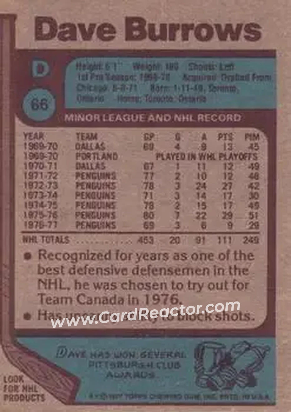 1977-78 Topps #66 - Dave Burrows - Pittsburgh Penguins - Back