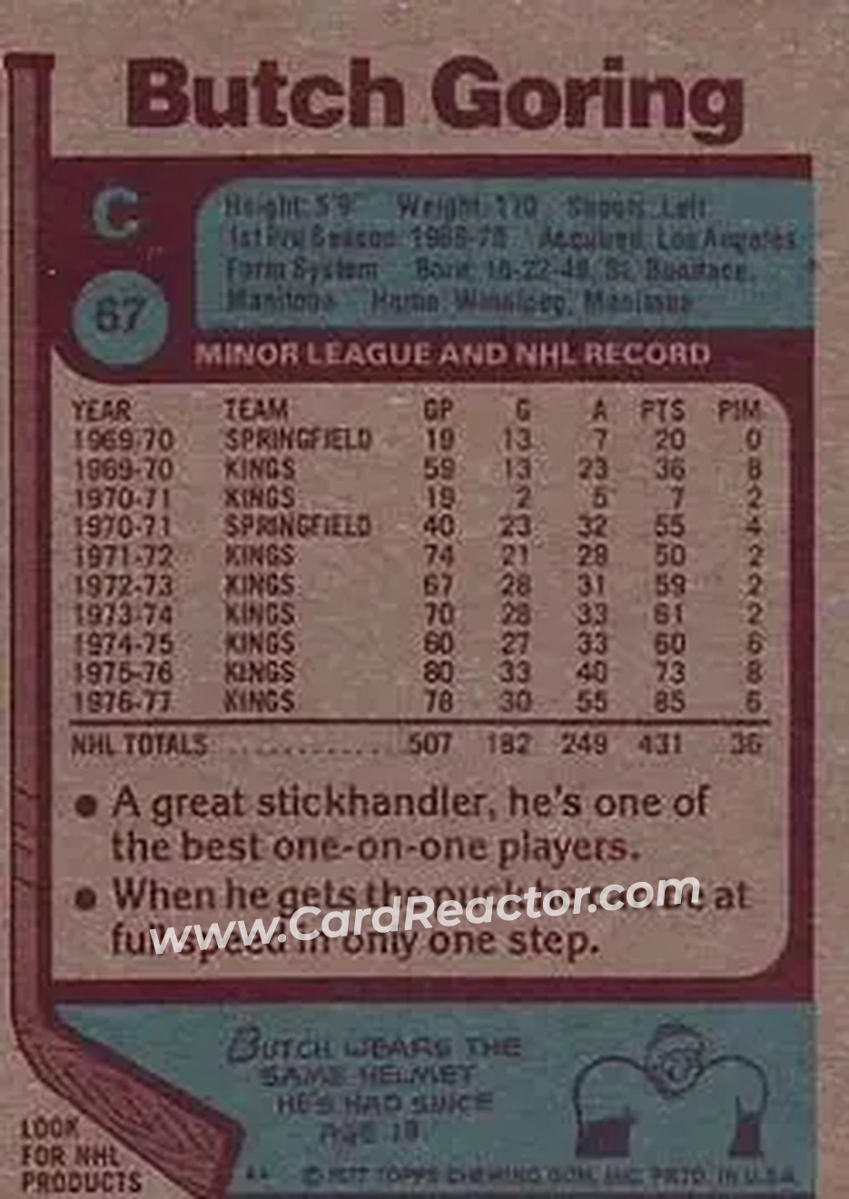 1977-78 Topps #67 - Butch Goring - Los Angeles Kings - Back 1977-78 Topps #67 - Butch Goring - Los Angeles Kings - Back