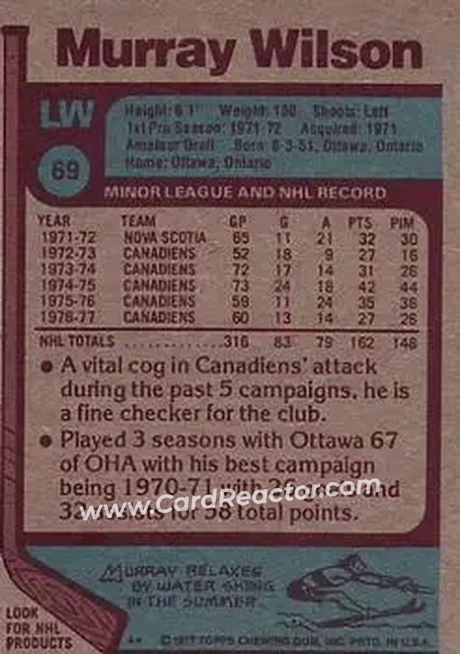 1977-78 Topps #69 - Murray Wilson - Montreal Canadiens - Back 1977-78 Topps #69 - Murray Wilson - Montreal Canadiens - Back