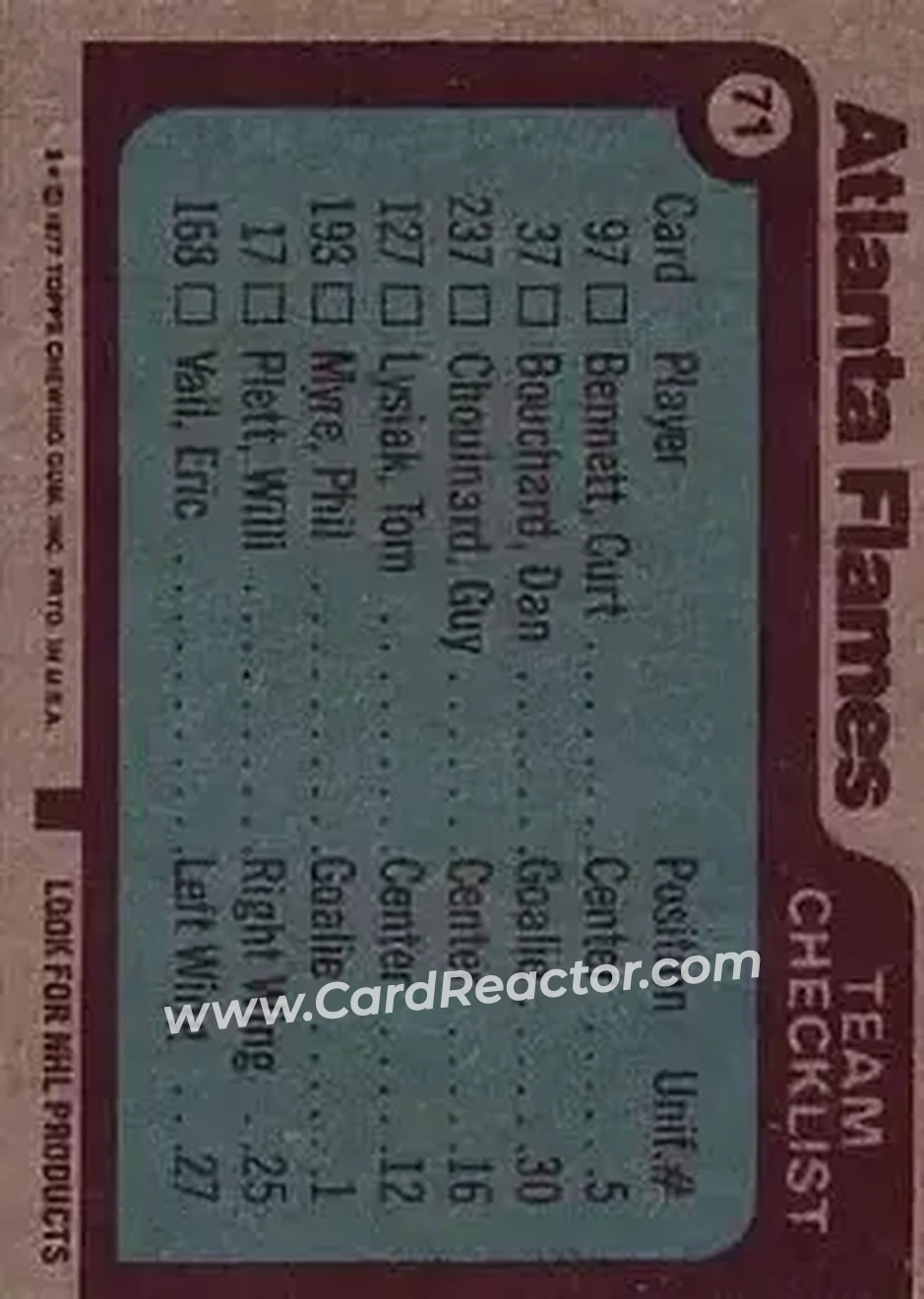 1977-78 Topps #71 - Atlanta Flames CL, TC - Atlanta Flames - Atlanta Flames - Back