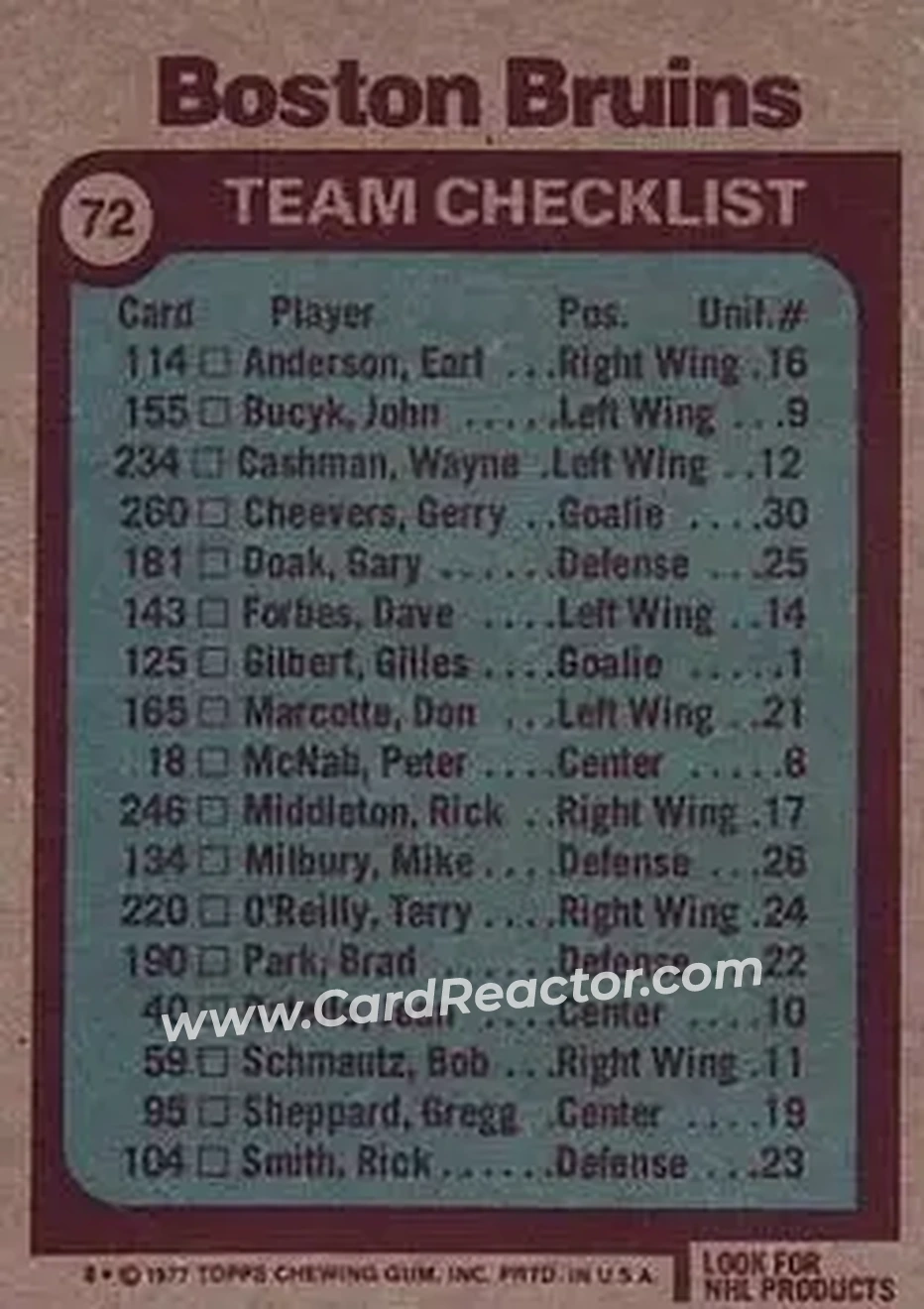 1977-78 Topps #72 - Boston Bruins CL, TC - Boston Bruins - Boston Bruins - Back 1977-78 Topps #72 - Boston Bruins CL, TC - Boston Bruins - Boston Bruins - Back
