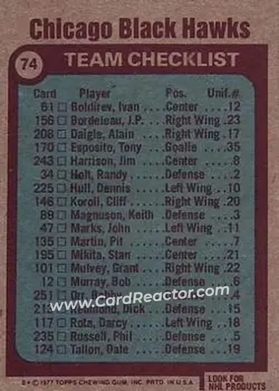 1977-78 Topps #74 - Chicago Blackhawks CL, TC - Chicago Blackhawks - Chicago Blackhawks - Back