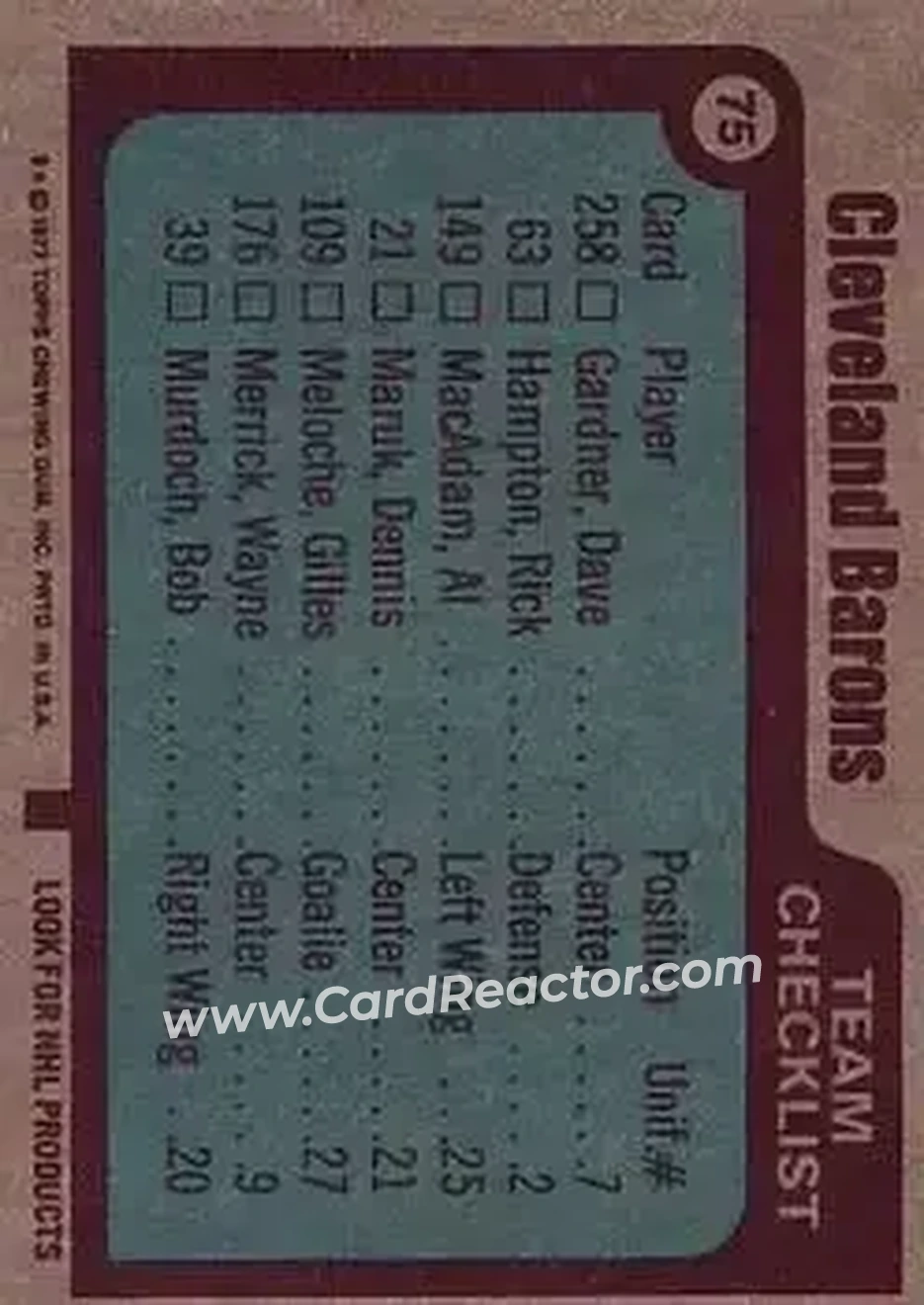 1977-78 Topps #75 - Cleveland Barons CL, TC - Cleveland Barons - Cleveland Barons - Back