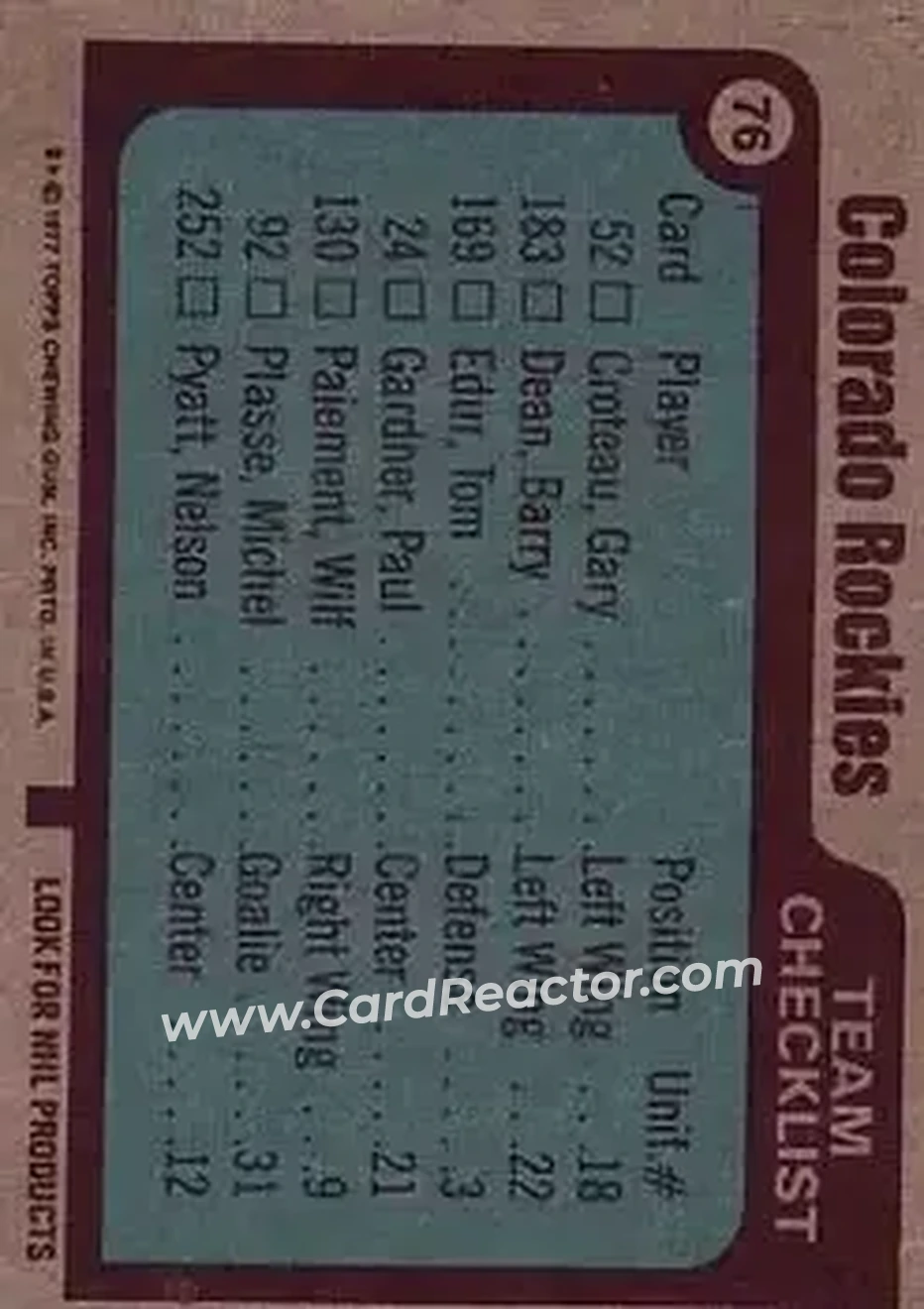 1977-78 Topps #76 - Colorado Rockies CL, TC - Colorado Rockies - Colorado Rockies - Back 1977-78 Topps #76 - Colorado Rockies CL, TC - Colorado Rockies - Colorado Rockies - Back