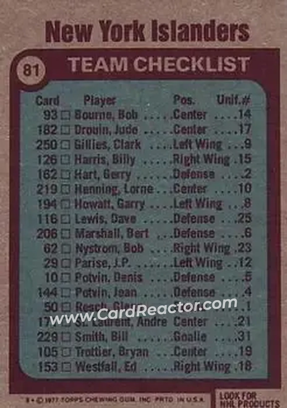 1977-78 Topps #81 - New York Islanders CL, TC - New York Islanders - New York Islanders - Back