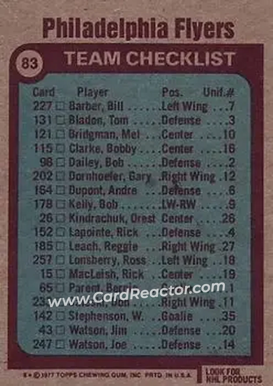 1977-78 Topps #83 - Philadelphia Flyers CL, TC - Philadelphia Flyers - Philadelphia Flyers - Back
