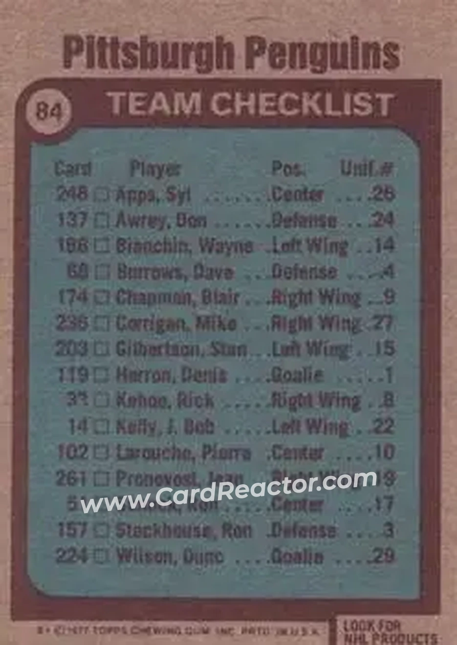 1977-78 Topps #84 - Pittsburgh Penguins CL, TC - Pittsburgh Penguins - Pittsburgh Penguins - Back